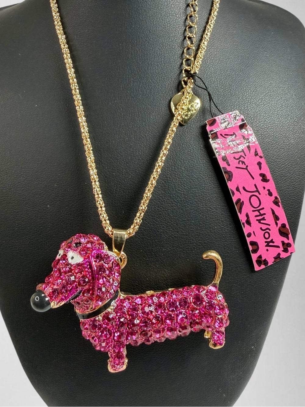 Betsey Johnson Pink Red Dachshund Pendant Necklace Gold Tone Rhinestone 28” NWT